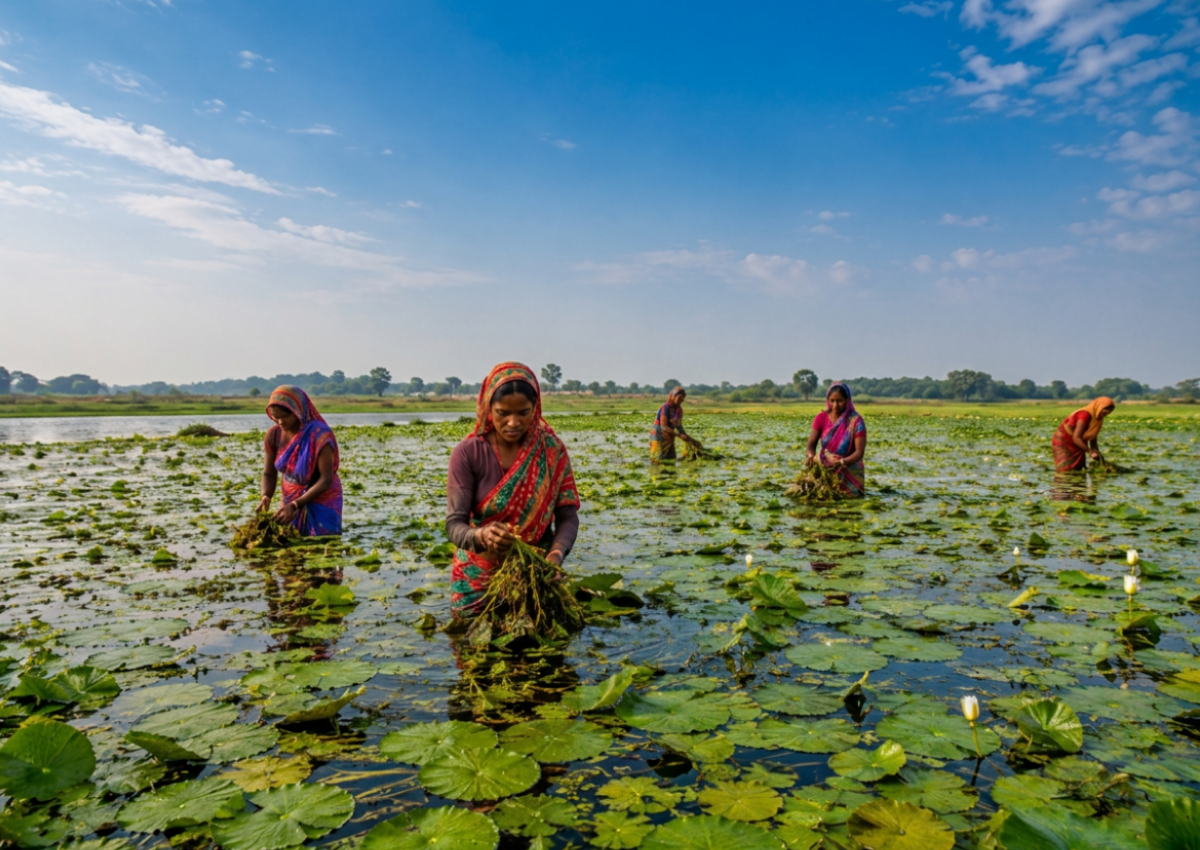 Makhana plants growing in water