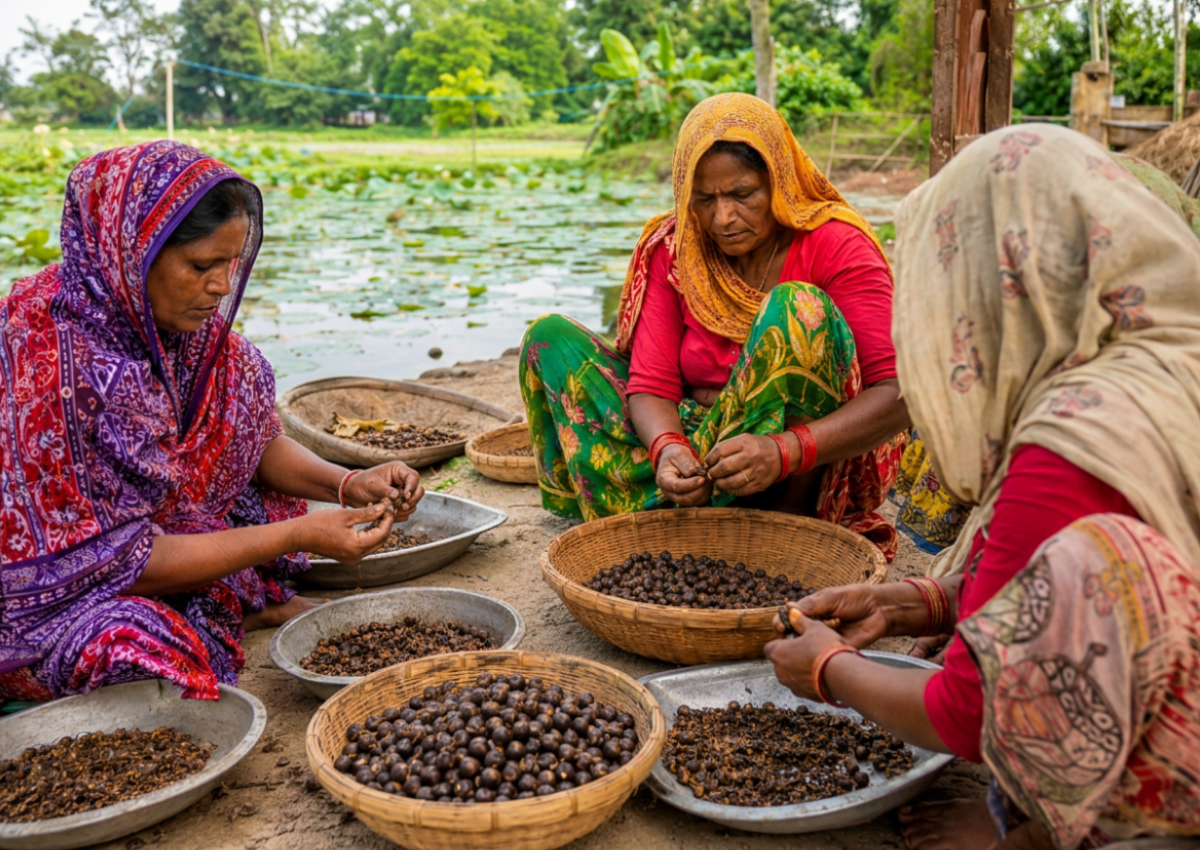Traditional makhana harvesting and raw seeds