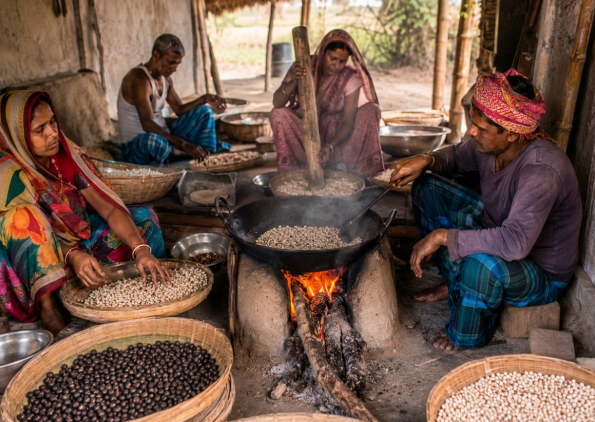 Traditional makhana roasting and popping process