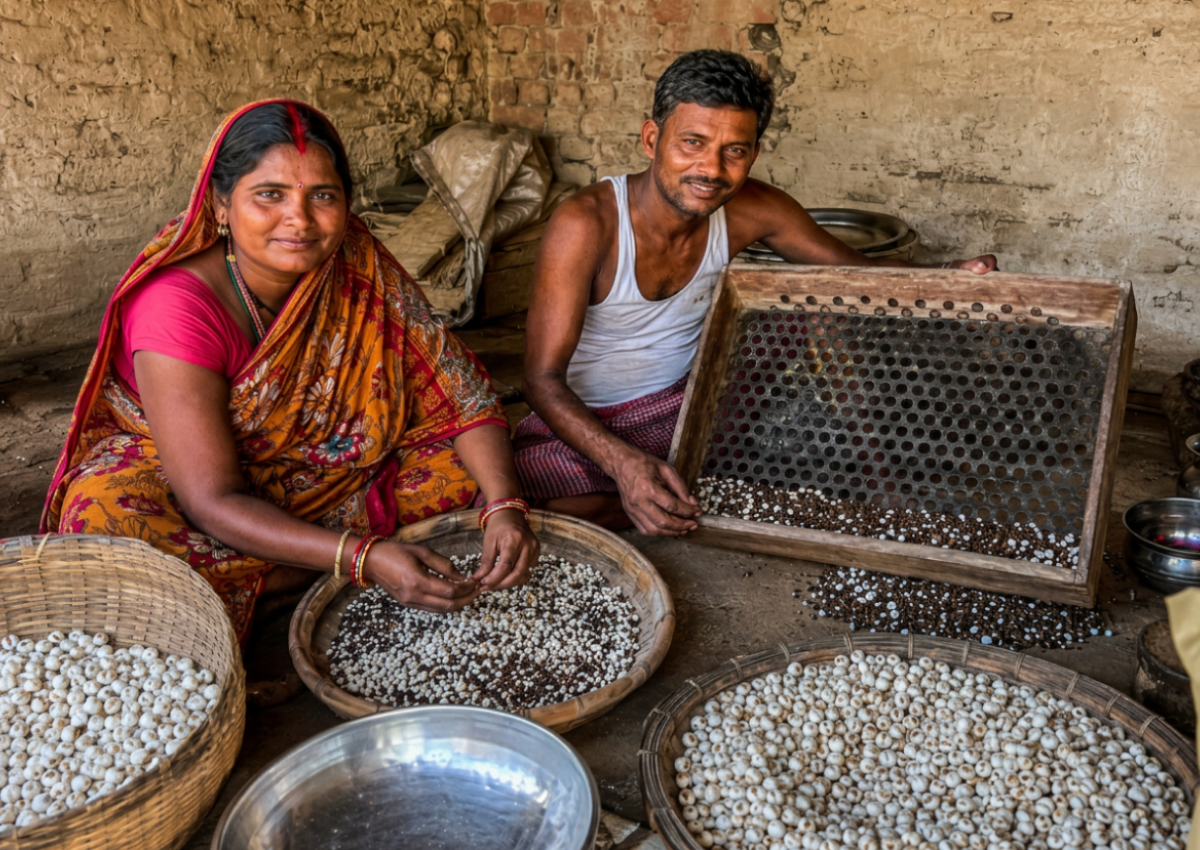 Makhana seeds being cleaned dried and graded