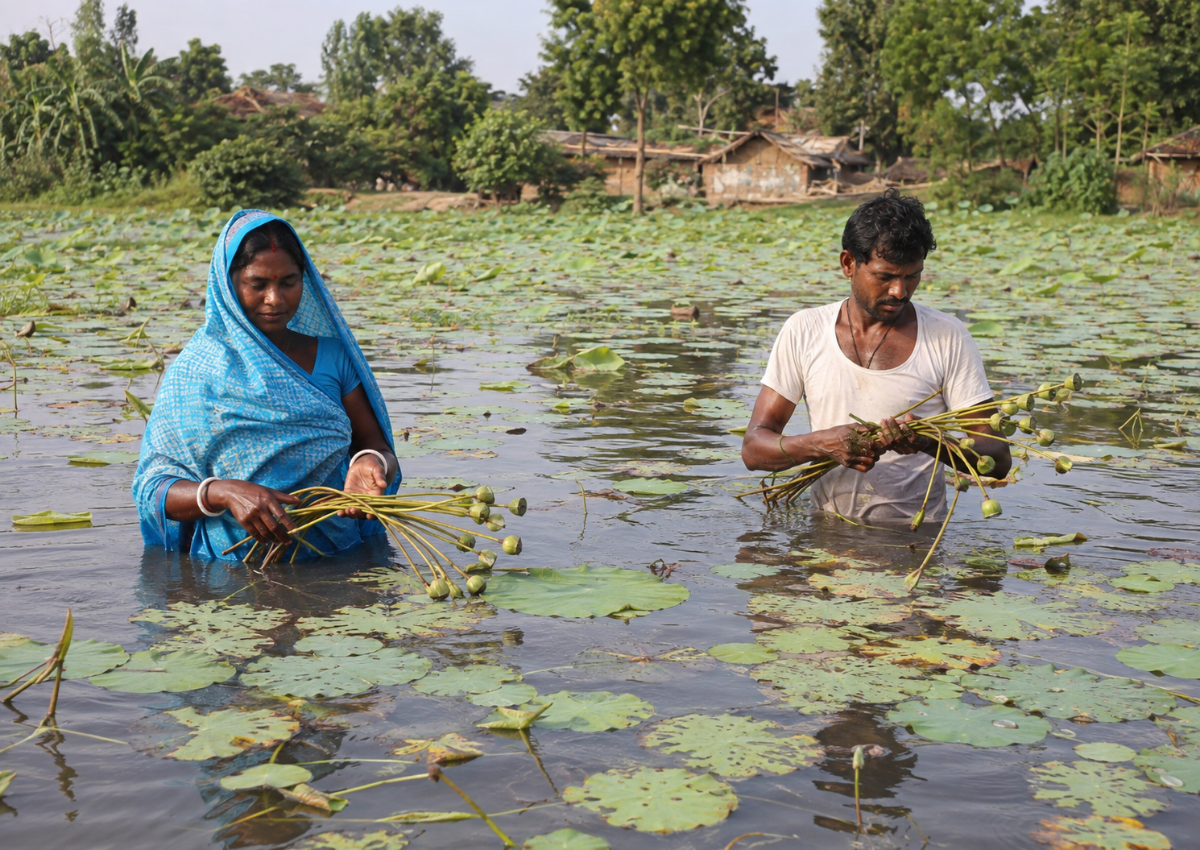 Makhana cultivation in a rural water field