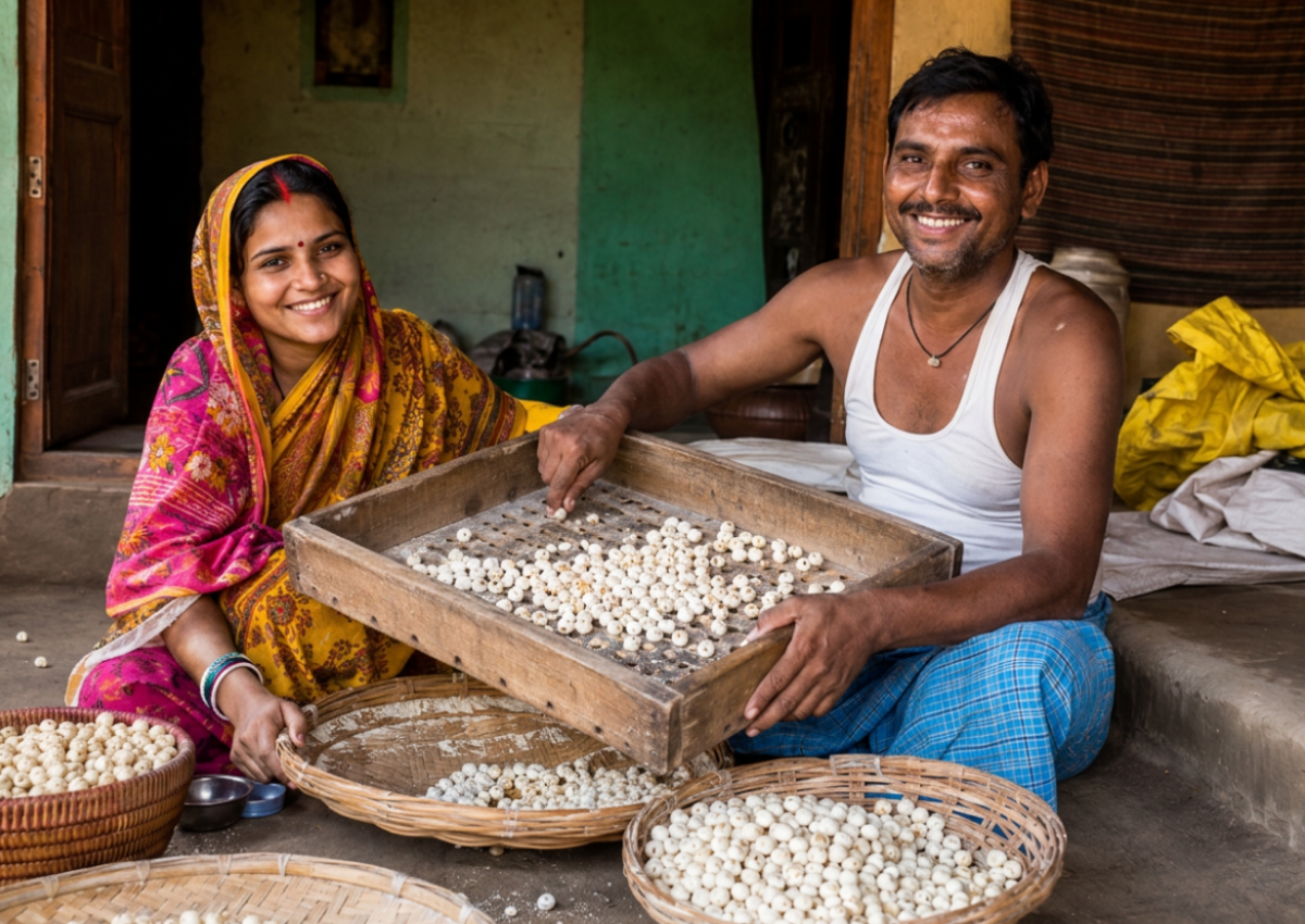 Makhana being carefully sorted in a traditional workspace