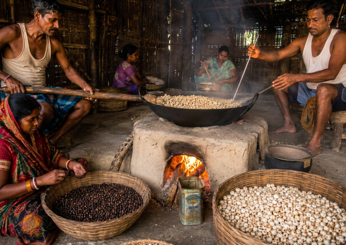 Traditional makhana roasting and processing